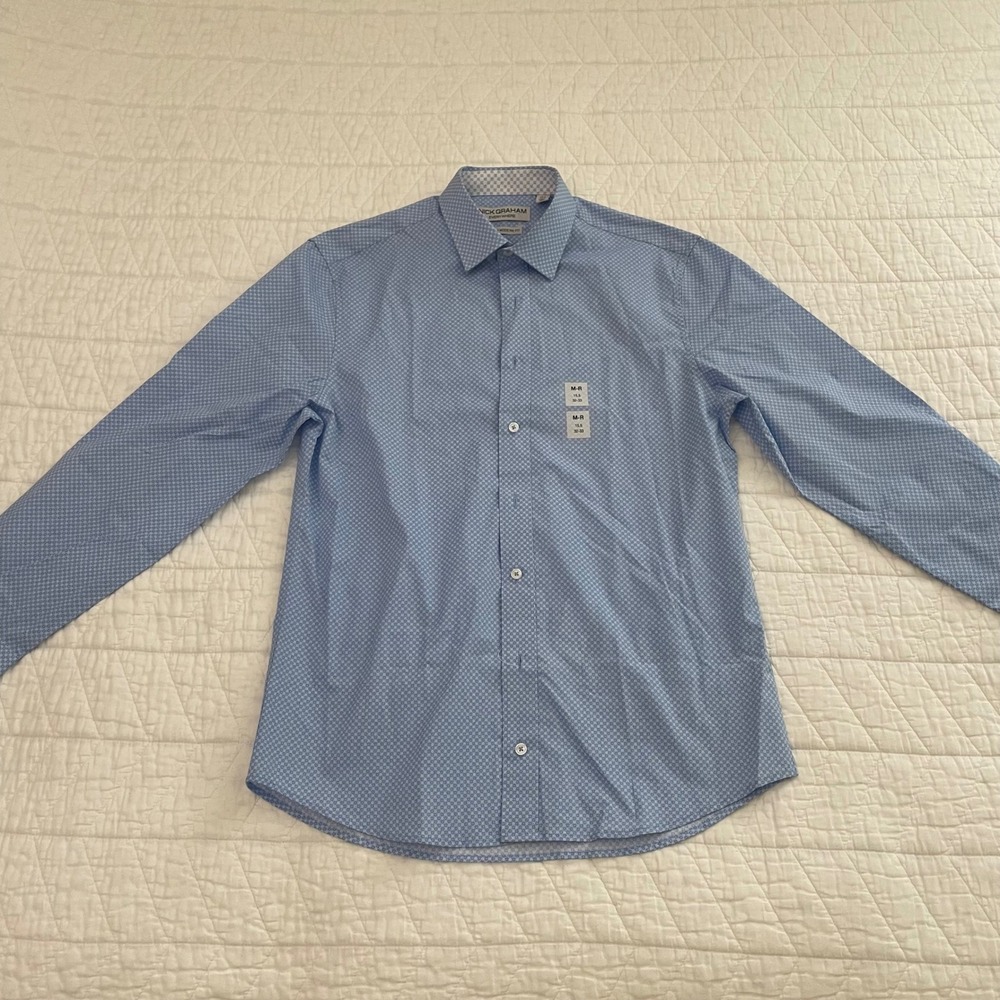 Nick Graham Everywhere Mens Stretch Modern Fit Blue Geometric Shirt 15.5 32-33